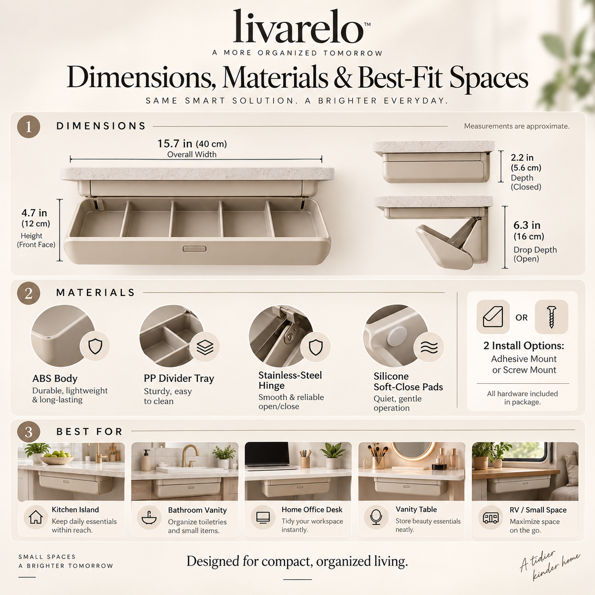 livarelo™ EdgeVault™ Hidden Flip-Down Counter-Edge Organizer