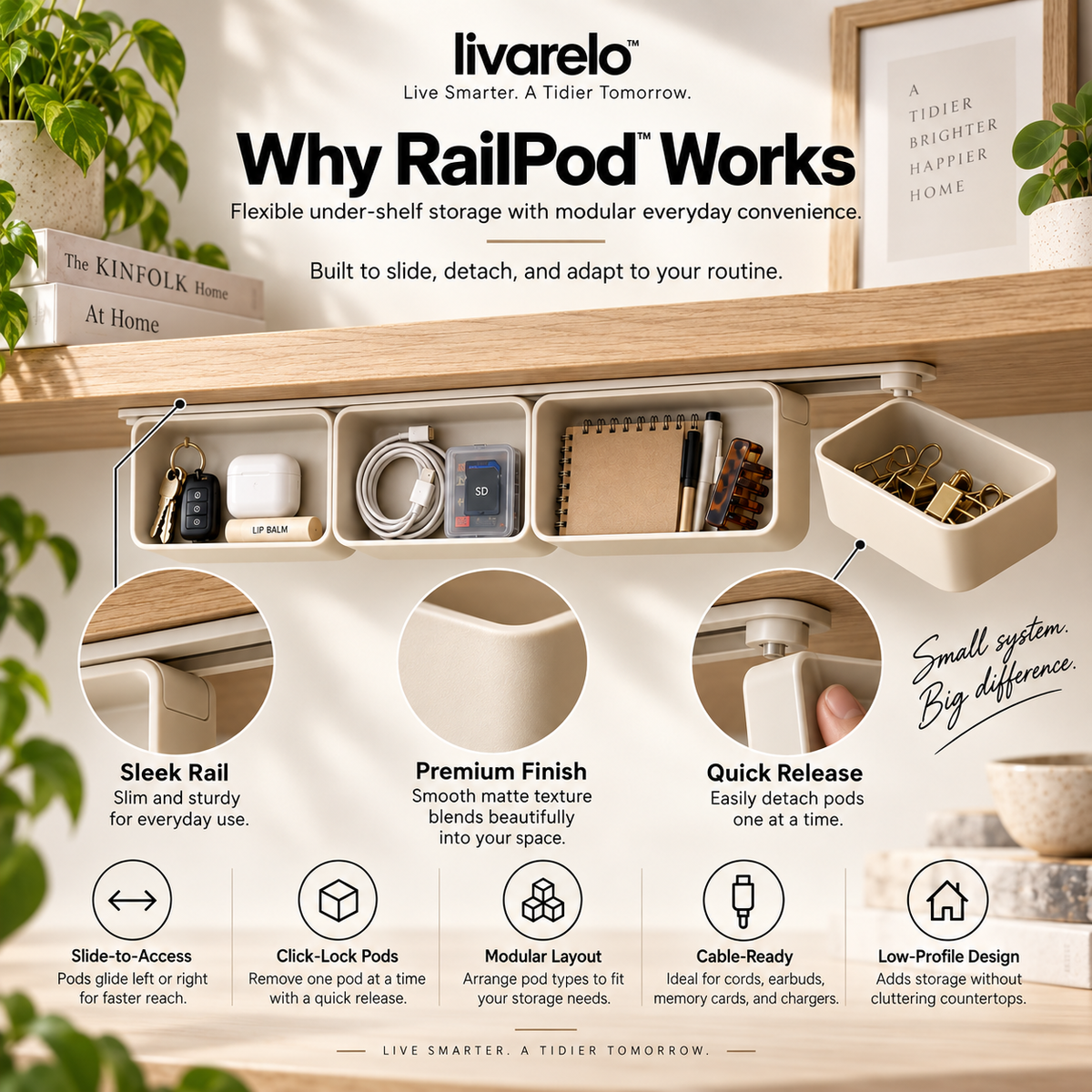 livarelo™ RailPod™ Hidden Modular Under-Shelf Storage System
