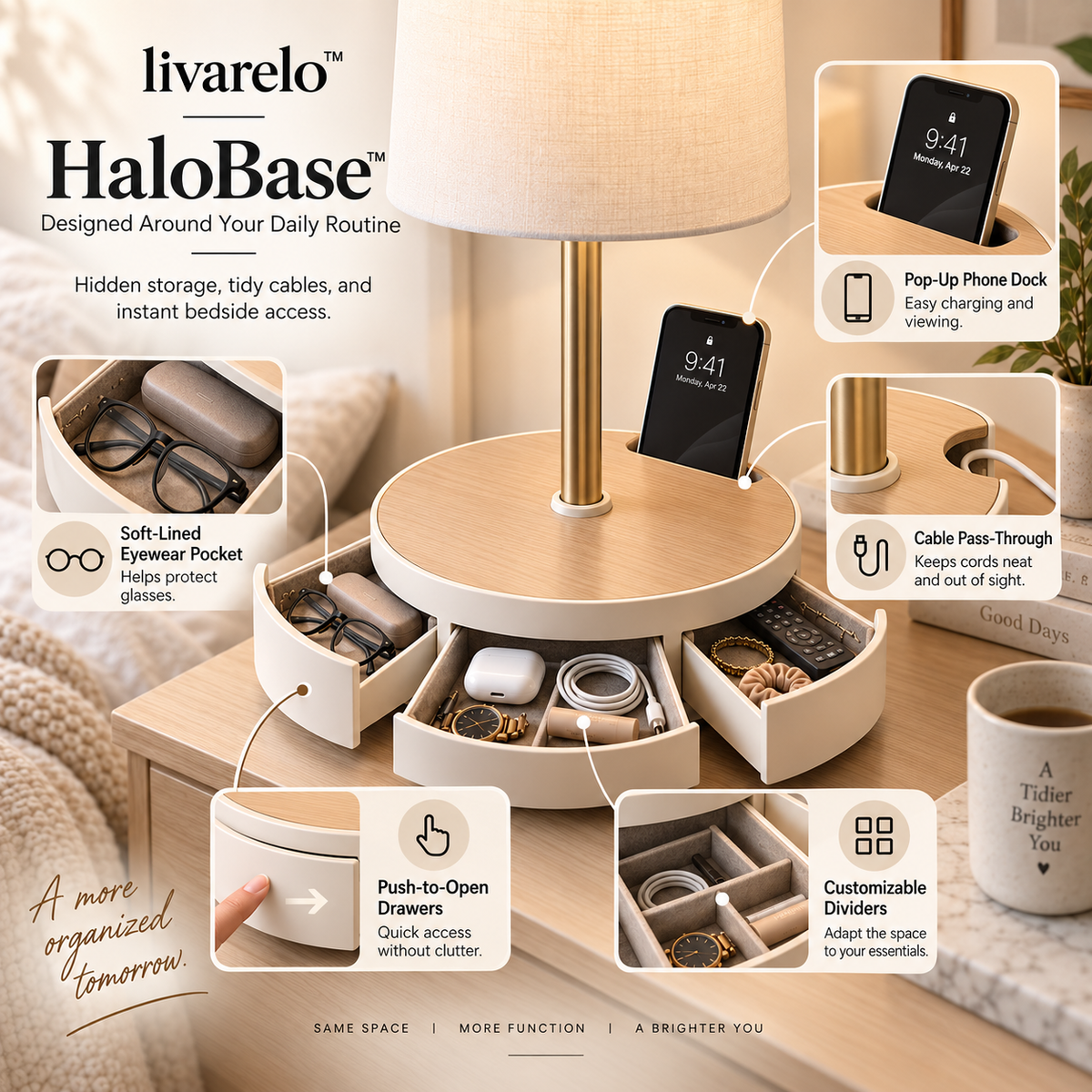 livarelo™ HaloBase™ 360° Rotating Hidden Lamp-Base Organizer