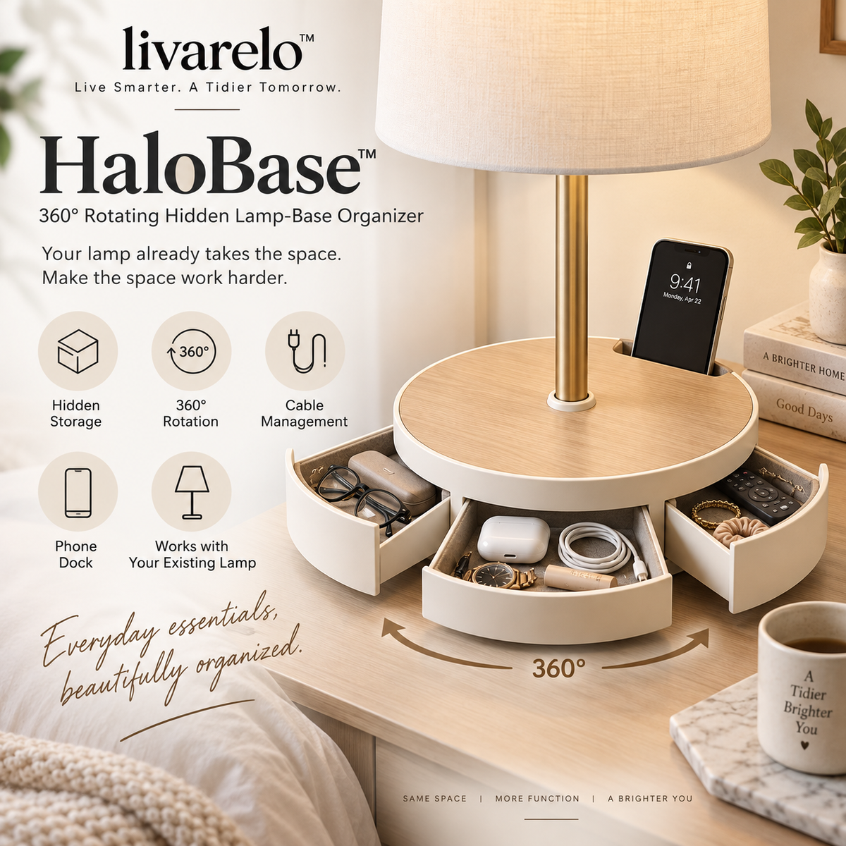 livarelo™ HaloBase™ 360° Rotating Hidden Lamp-Base Organizer