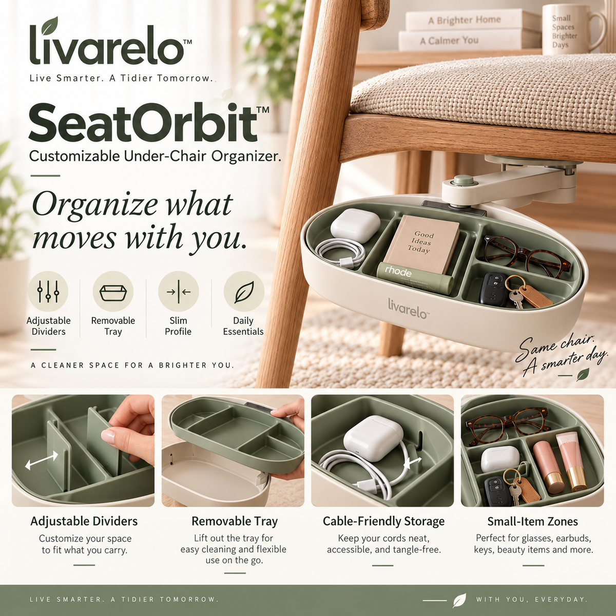 livarelo™ SeatOrbit™ Hidden Swing-Out Under-Chair Organizer