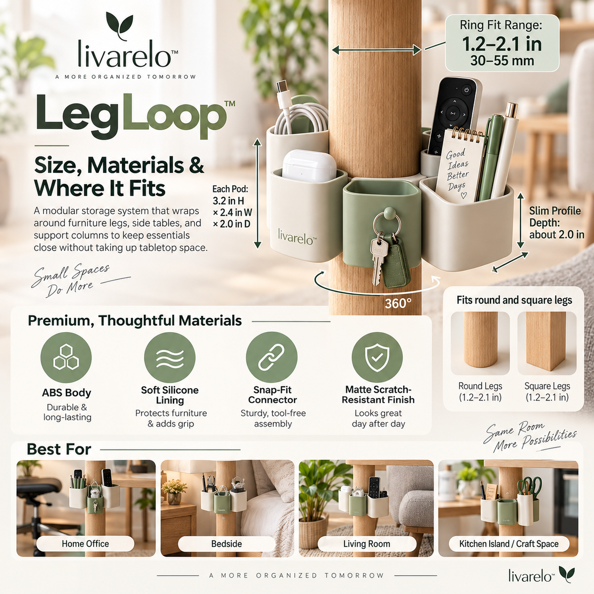 livarelo™ LegLoop™ 360° Wraparound Furniture-Leg Modular Organizer