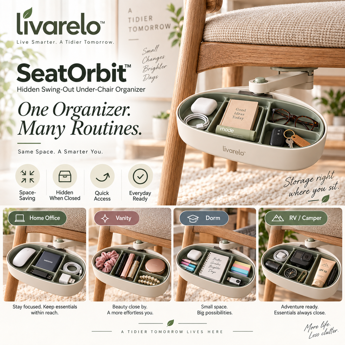 livarelo™ SeatOrbit™ Hidden Swing-Out Under-Chair Organizer