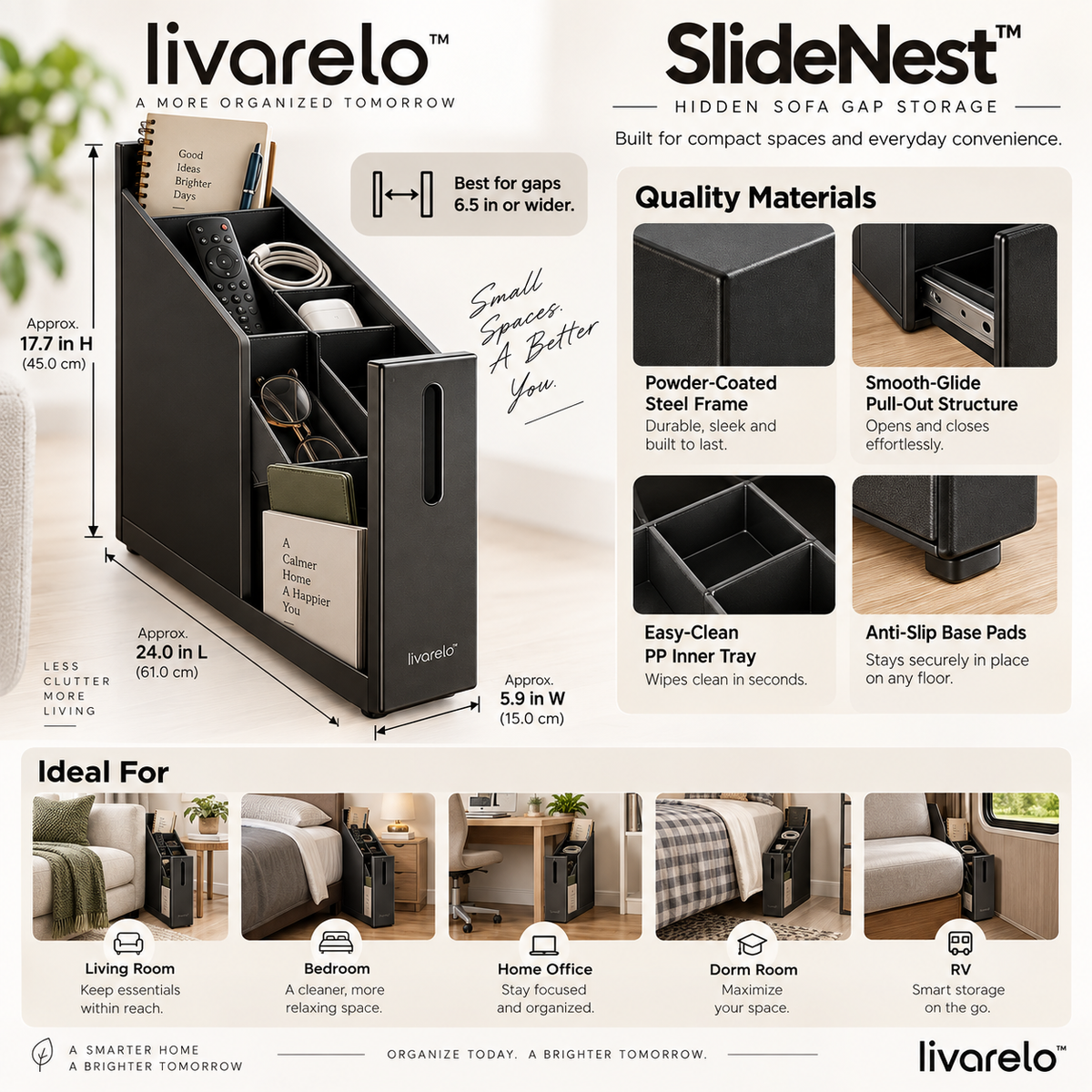 livarelo™ SlideNest™ Hidden Gap Slide-Out Organizer