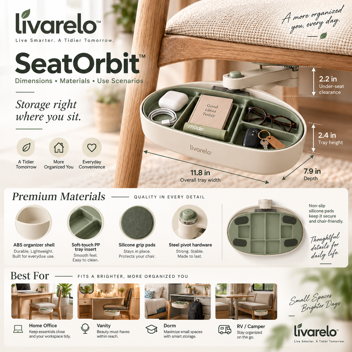 livarelo™ SeatOrbit™ Hidden Swing-Out Under-Chair Organizer