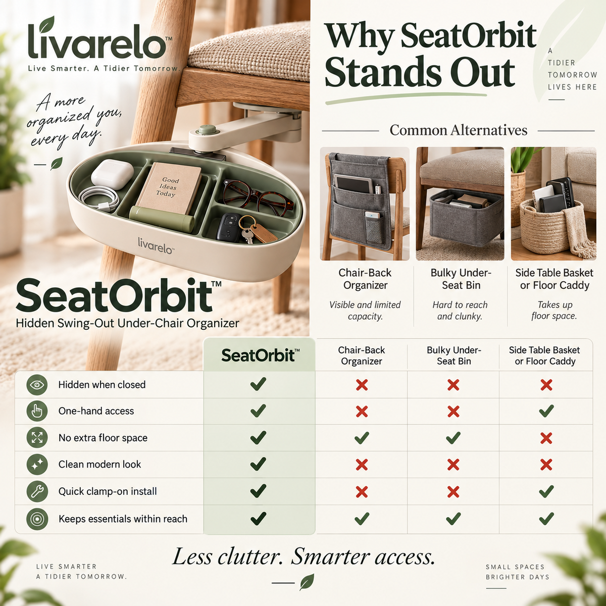 livarelo™ SeatOrbit™ Hidden Swing-Out Under-Chair Organizer