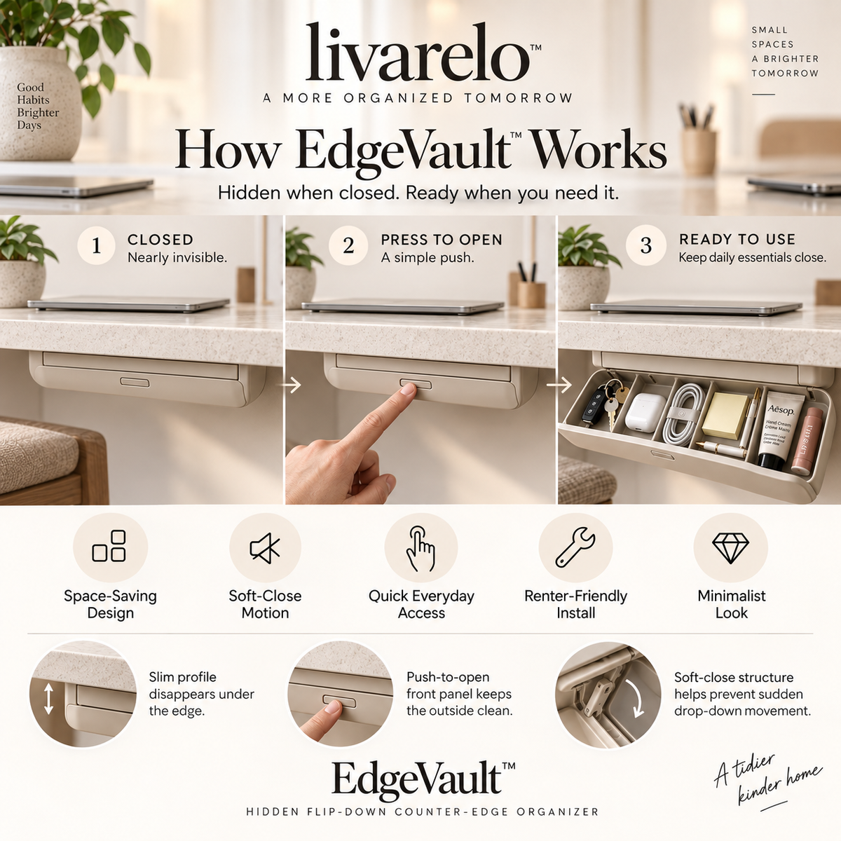 livarelo™ EdgeVault™ Hidden Flip-Down Counter-Edge Organizer