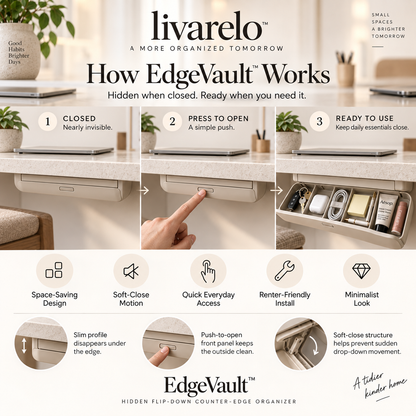 livarelo™ EdgeVault™ Hidden Flip-Down Counter-Edge Organizer