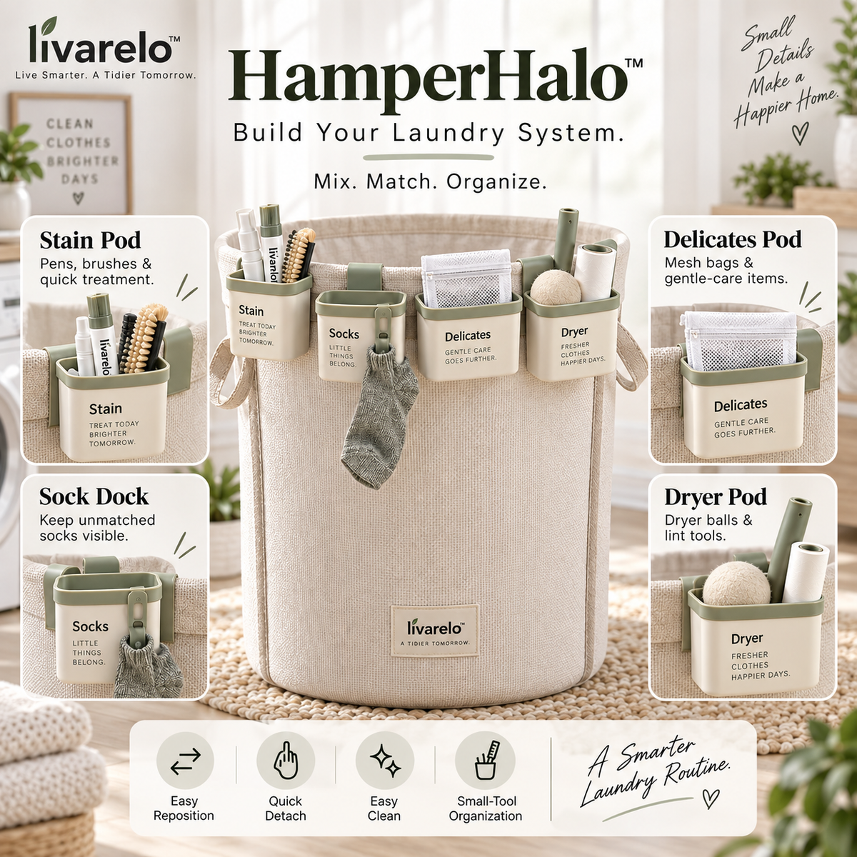 livarelo™ HamperHalo™ Modular Laundry-Rim Organizer System