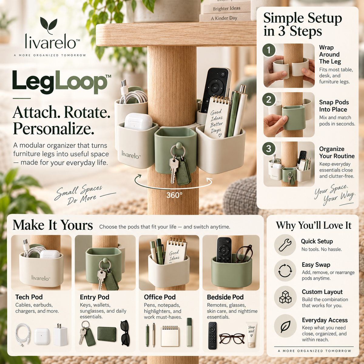 livarelo™ LegLoop™ 360° Wraparound Furniture-Leg Modular Organizer