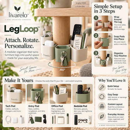 livarelo™ LegLoop™ 360° Wraparound Furniture-Leg Modular Organizer
