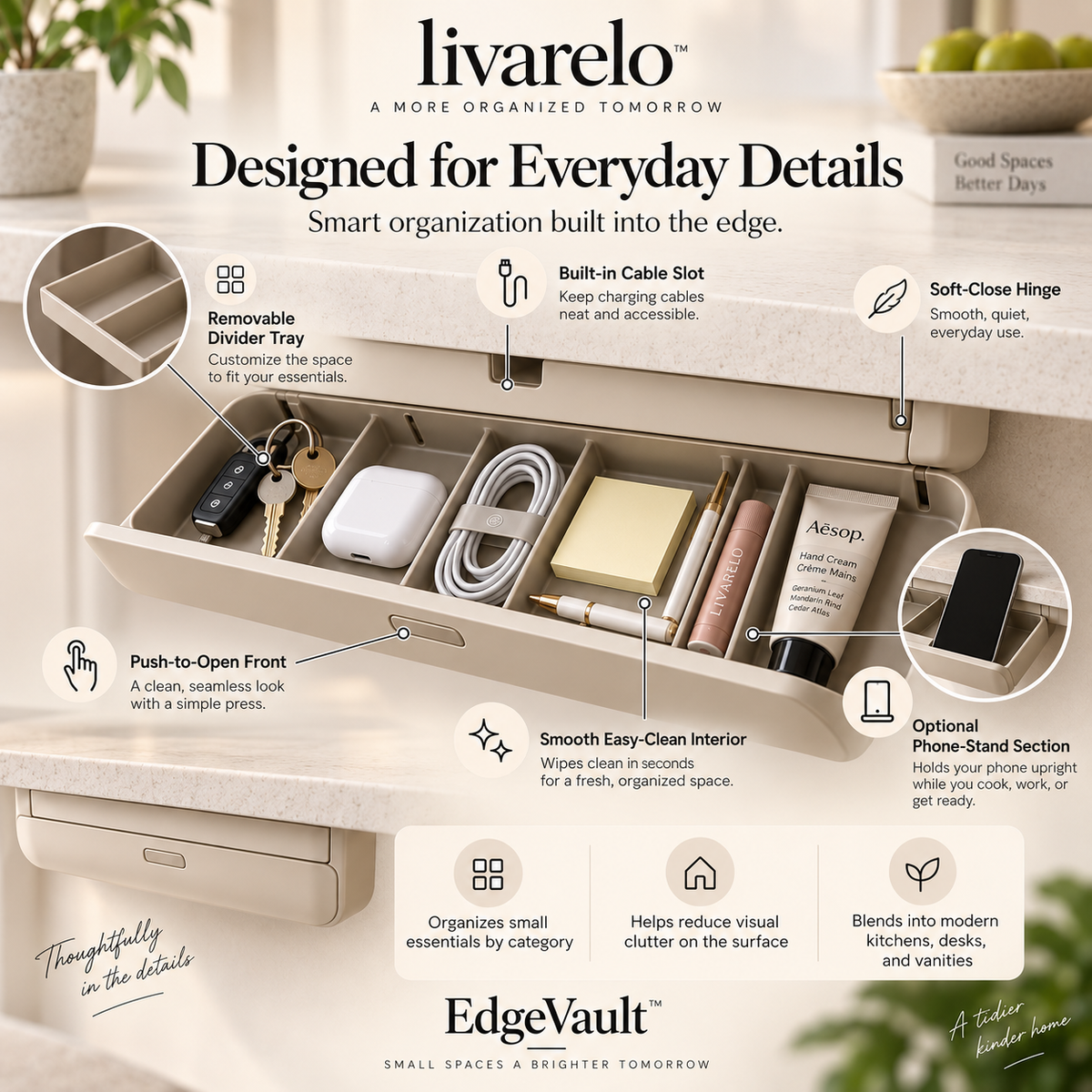 livarelo™ EdgeVault™ Hidden Flip-Down Counter-Edge Organizer