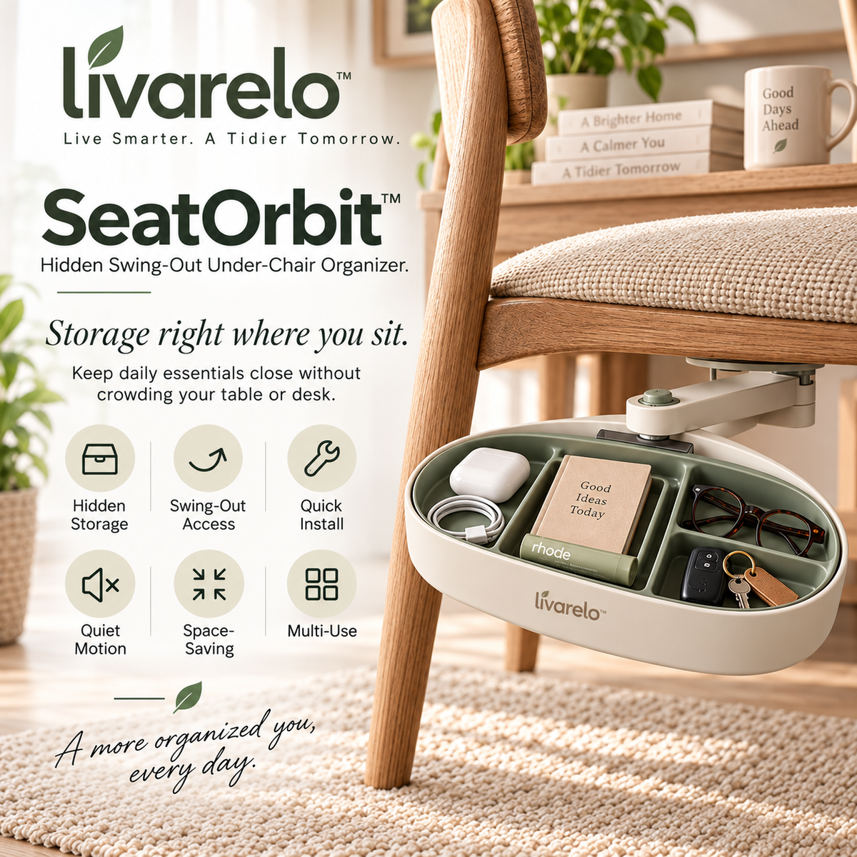 livarelo™ SeatOrbit™ Hidden Swing-Out Under-Chair Organizer