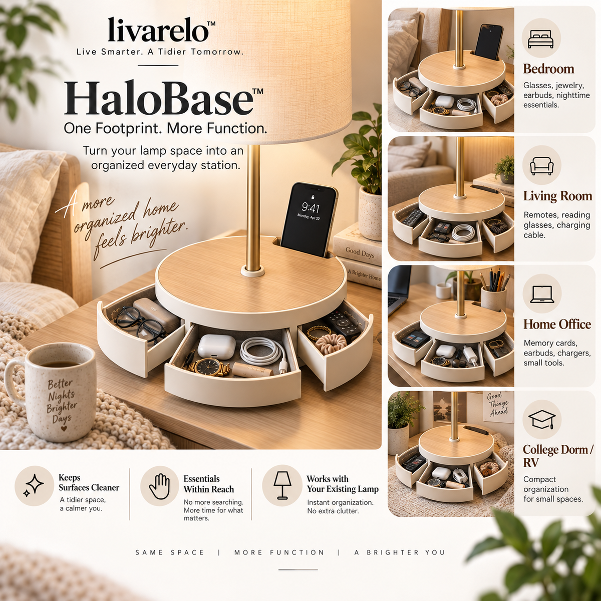 livarelo™ HaloBase™ 360° Rotating Hidden Lamp-Base Organizer
