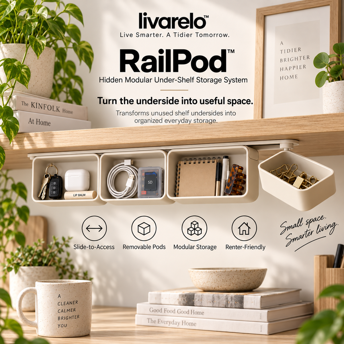 livarelo™ RailPod™ Hidden Modular Under-Shelf Storage System
