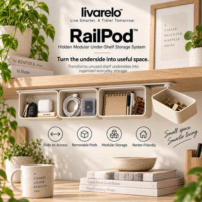 livarelo™ RailPod™ Hidden Modular Under-Shelf Storage System