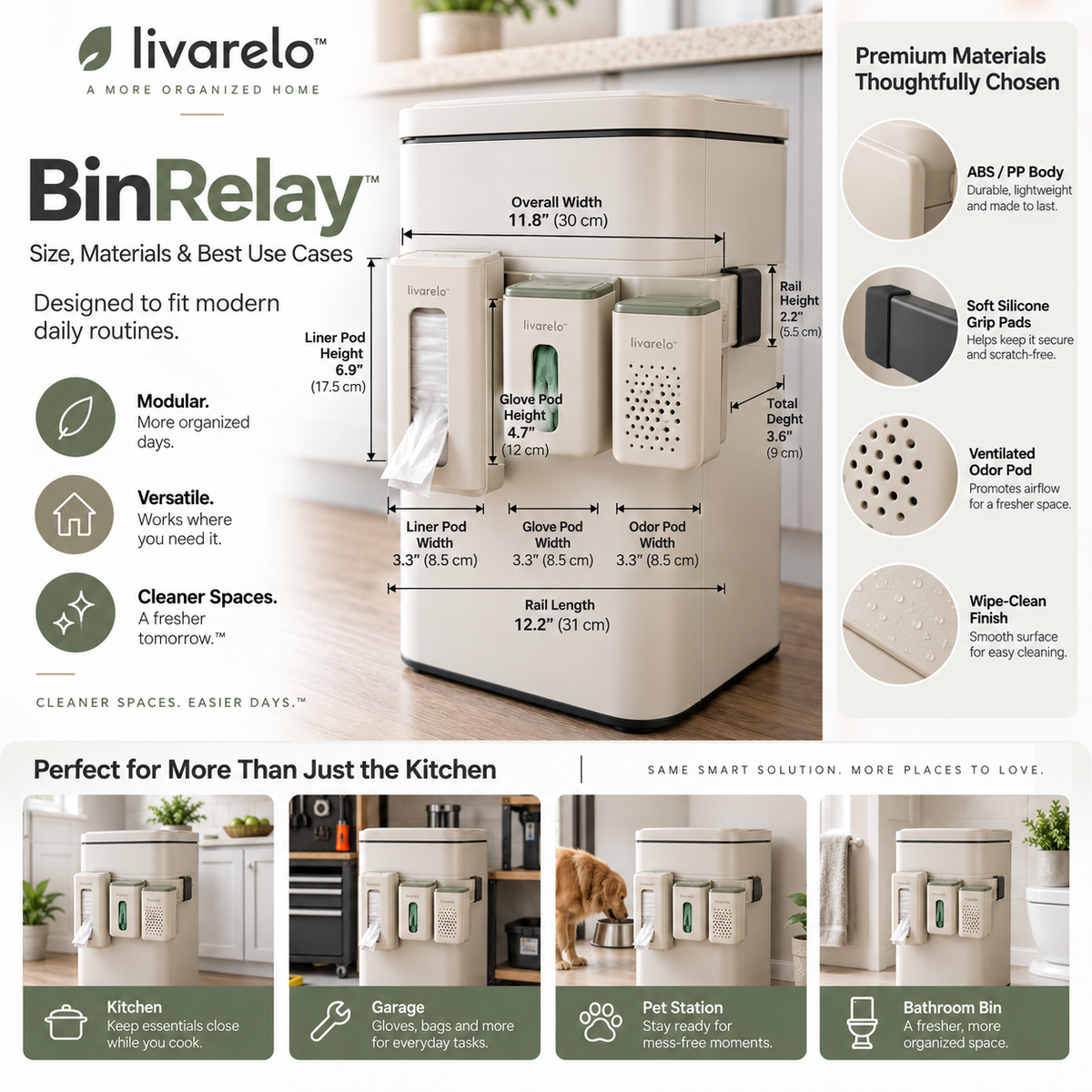 livarelo™ BinRelay™ Modular Waste-Bin Utility Organizer