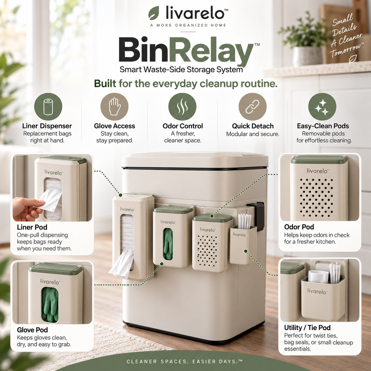 livarelo™ BinRelay™ Modular Waste-Bin Utility Organizer
