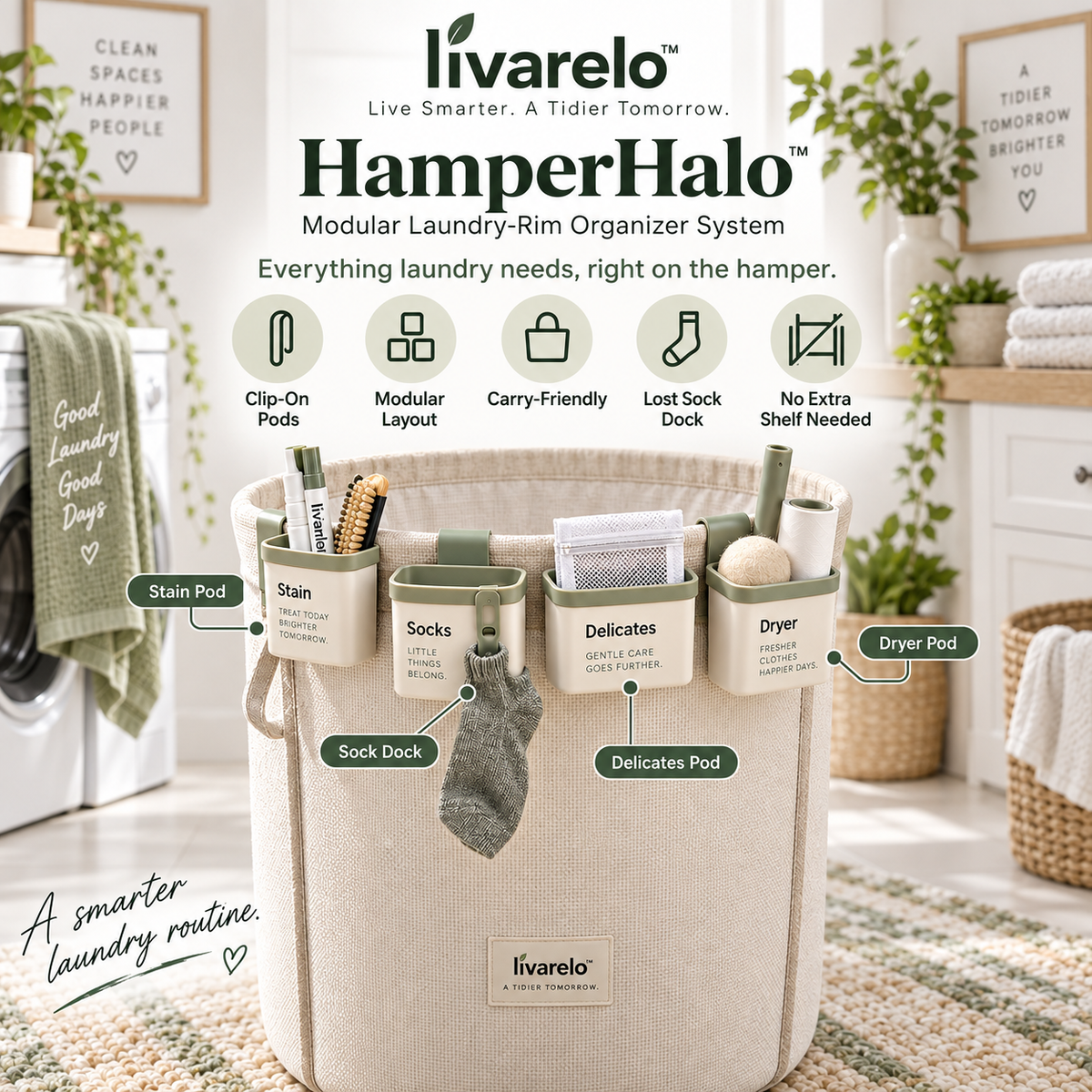 livarelo™ HamperHalo™ Modular Laundry-Rim Organizer System