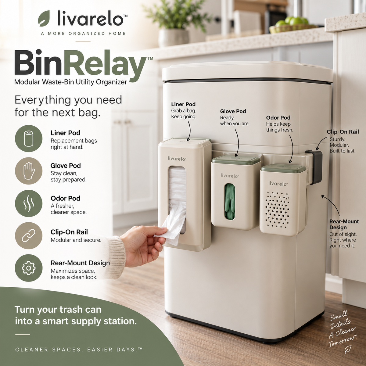 livarelo™ BinRelay™ Modular Waste-Bin Utility Organizer