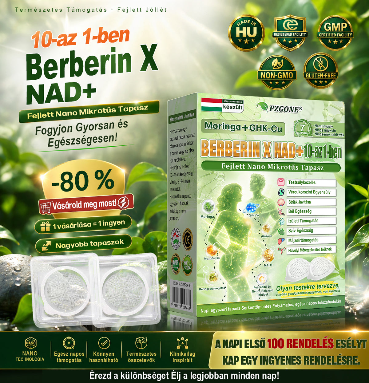 Hivatalos márkabolt | PZGONE® Moringa + Berberin × NAD+ 10 az 1-ben nano-mikrotűs tapasz | Napi egyszeri használat | Testsúlykezelés, bőrfeszesség, energiaszint és általános jóllét támogatására